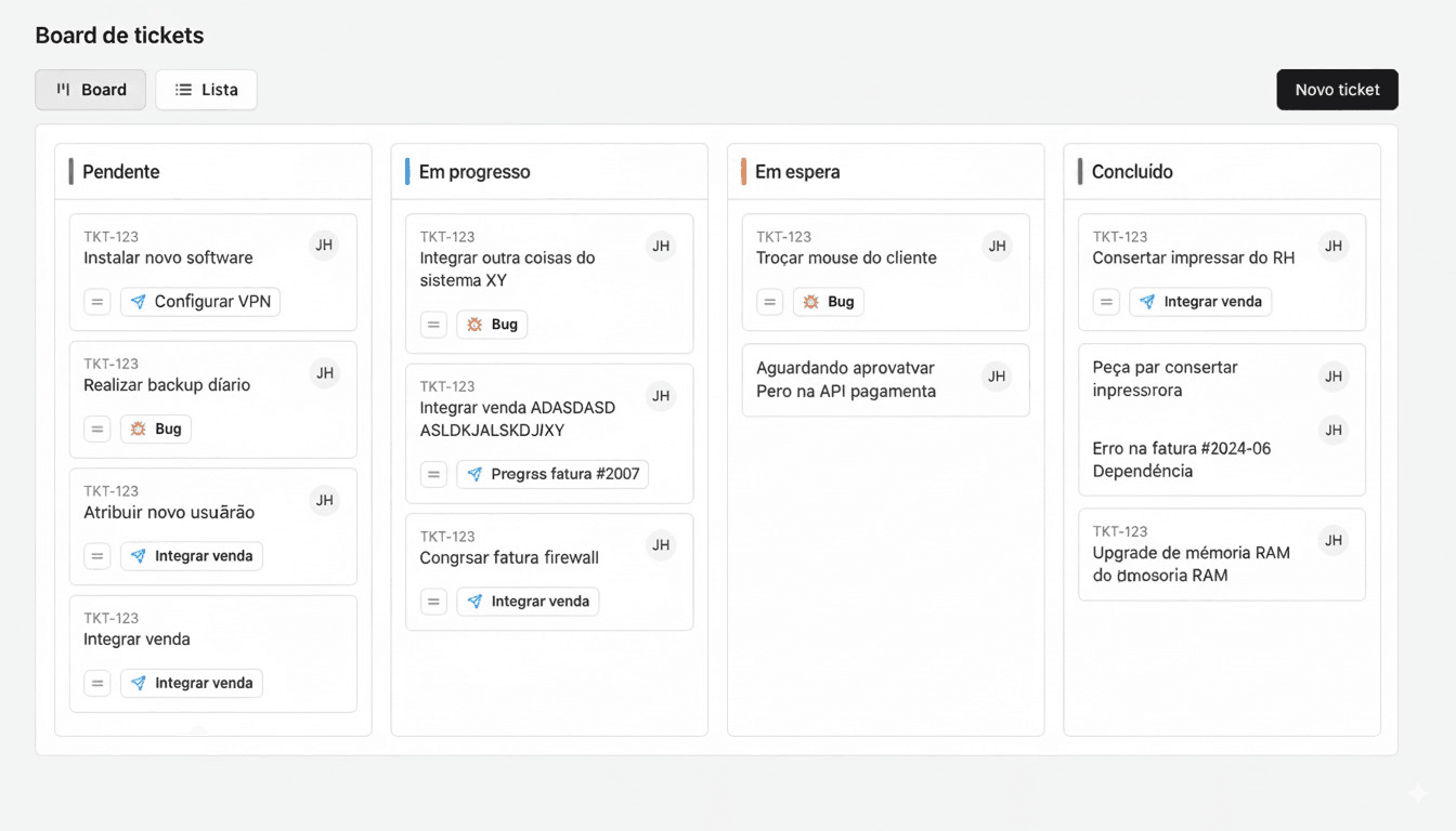 Tela de criação de ticket com categorias e tags