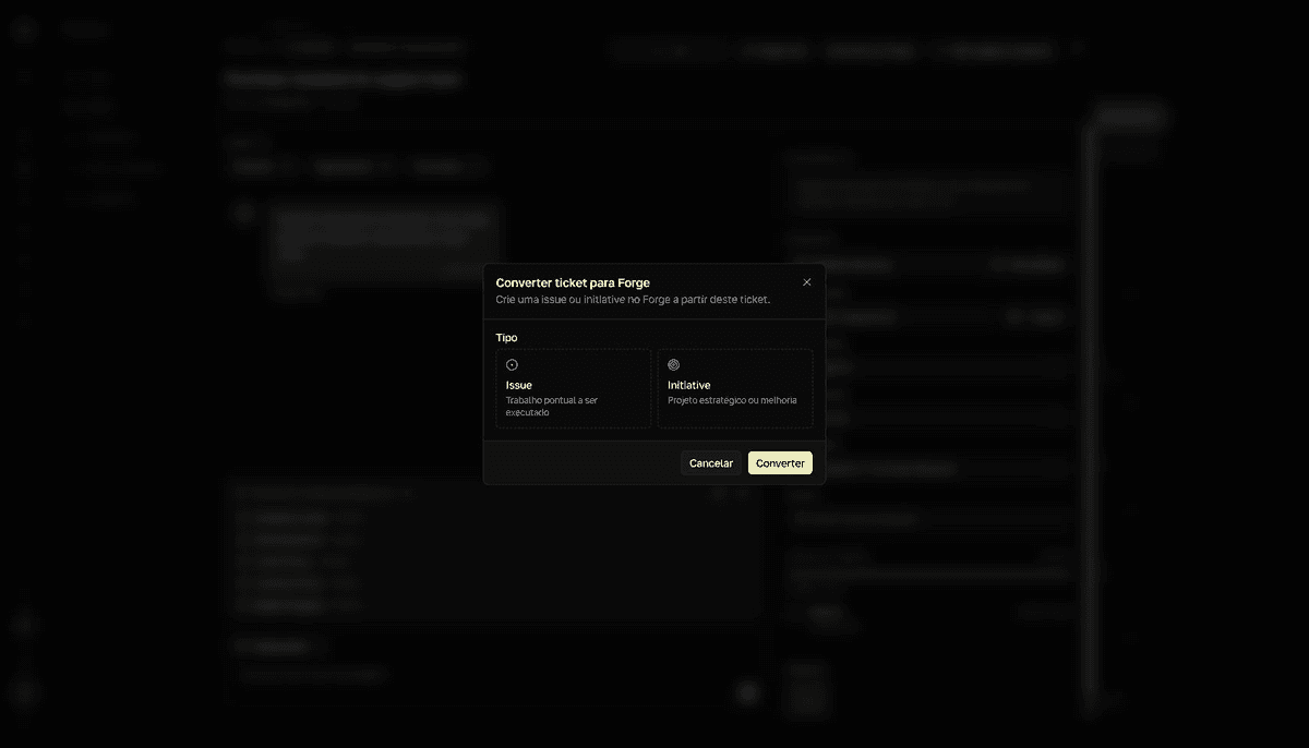 Janela Converter ticket para Forge com escolha entre Issue e Initiative e botão Gerar rascunho com IA.