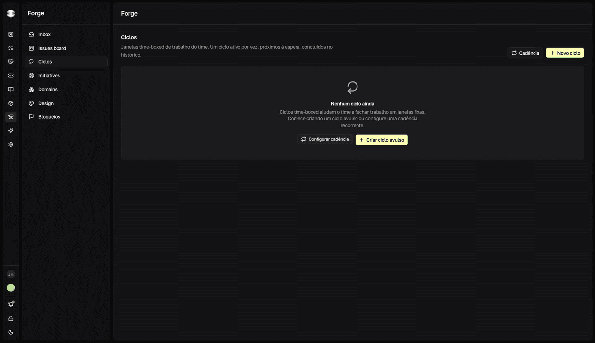 Pantalla de un ciclo en Forge con el gráfico de burndown y la lista de issues del ciclo.