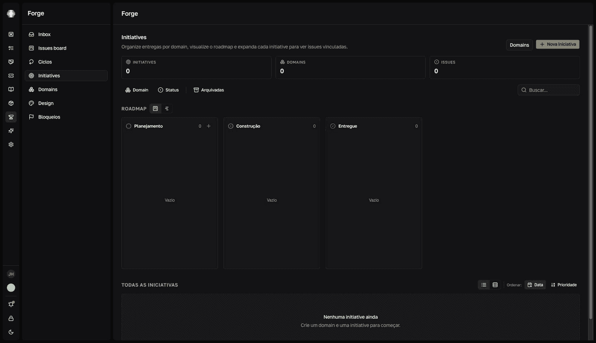 Pantalla Initiatives de Forge con las iniciativas y sus estados, organizadas por domain, en formato de roadmap.