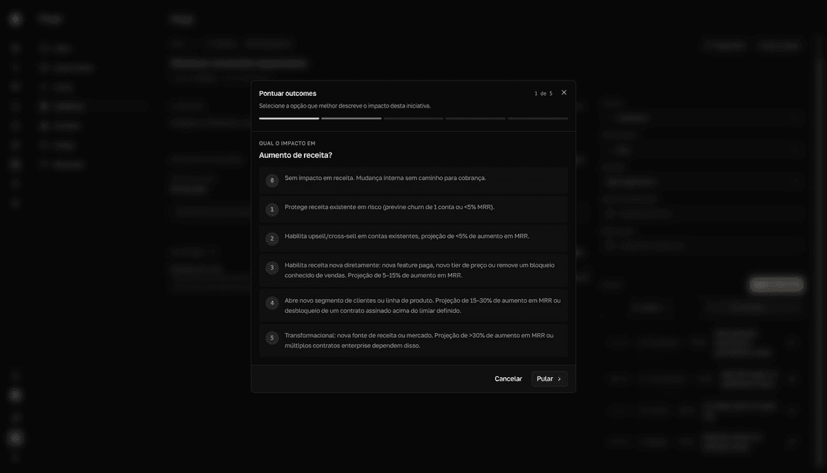 Assistente Pontuar outcomes no Forge com indicador de etapa e opções de impacto de 0 a 5.