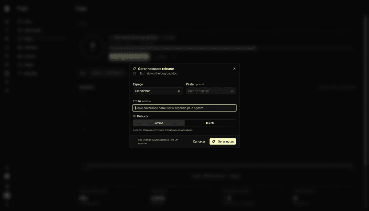 Dialog Gerar notas de release no Forge, com campos de espaço, pasta, título e seletores de público.