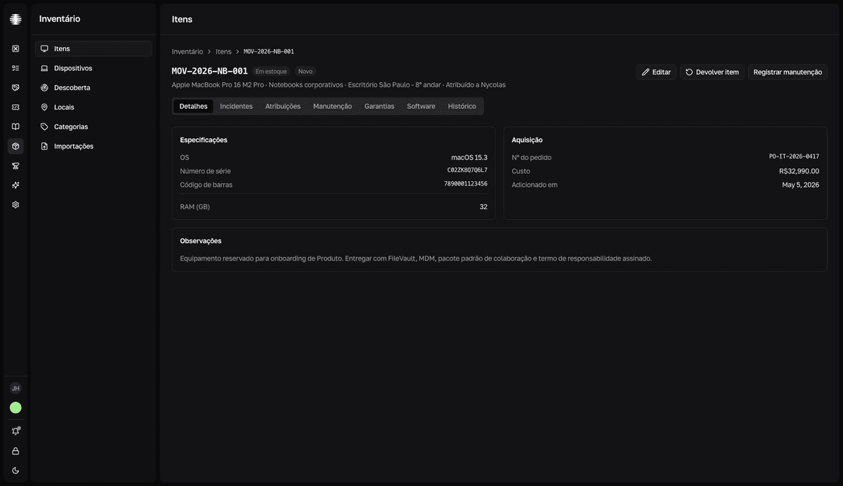 Detalle de un artículo con el encabezado de asignación, el estado, la ubicación y las pestañas de asignaciones e historial.