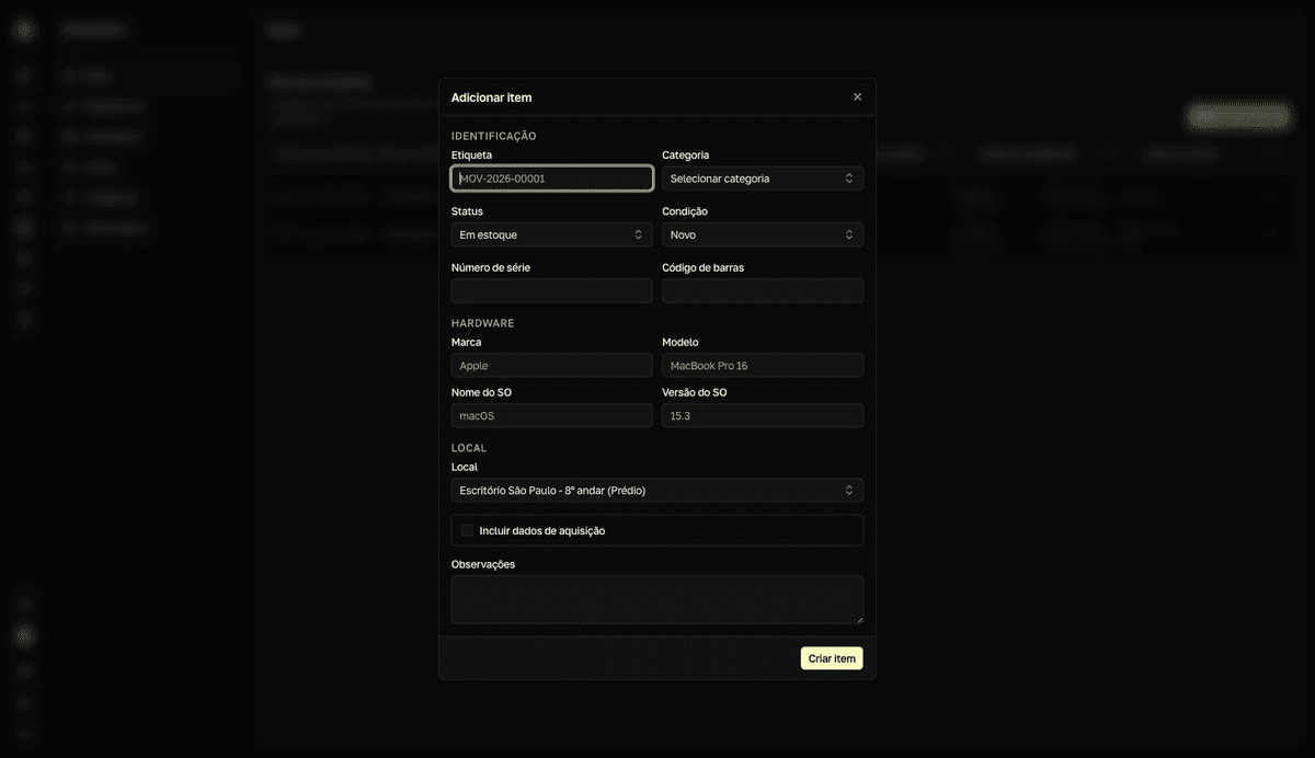 Diálogo Adicionar item com as seções Identificação, Hardware e Local e os campos Etiqueta e Categoria.