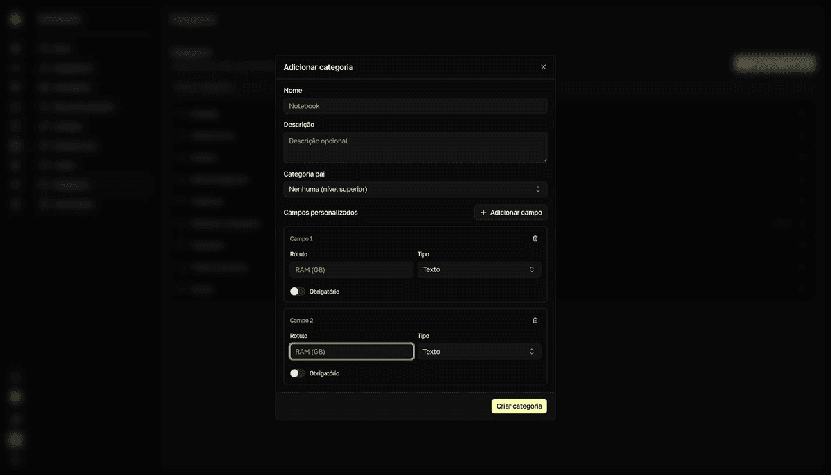 Diálogo Adicionar categoria com dois campos personalizados, rótulo, tipo e switch Obrigatório.