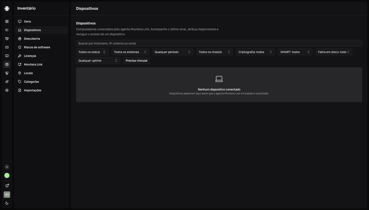 Página Dispositivos do Inventário com filtros de segurança, sistema, período, criptografia, SMART e vínculo.