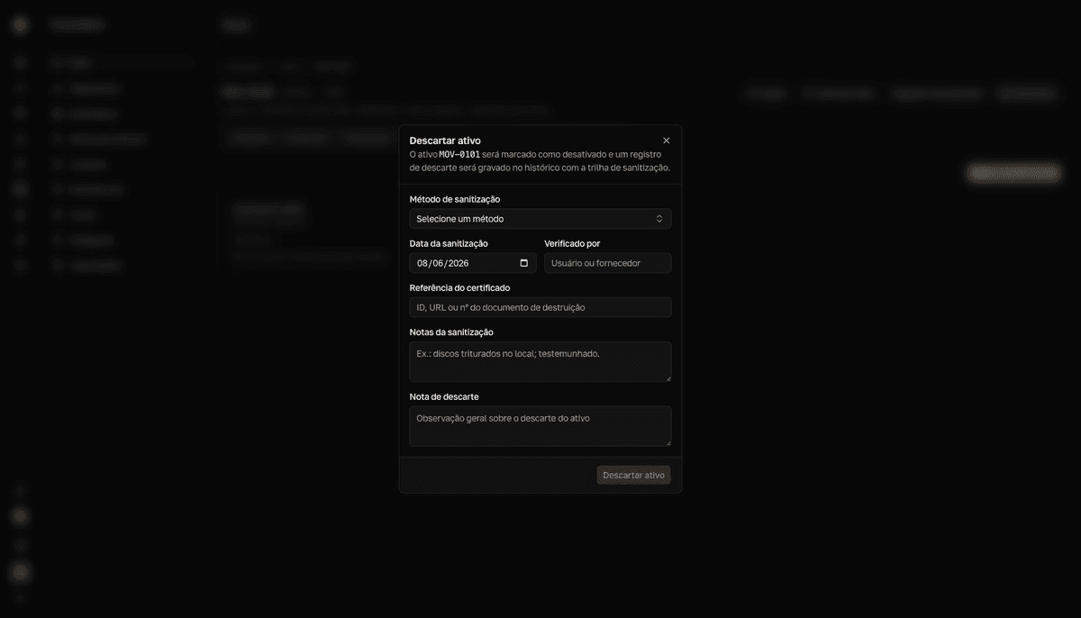 Dialog Descartar ativo no Inventory com método de sanitização, verificador, certificado e notas de descarte.