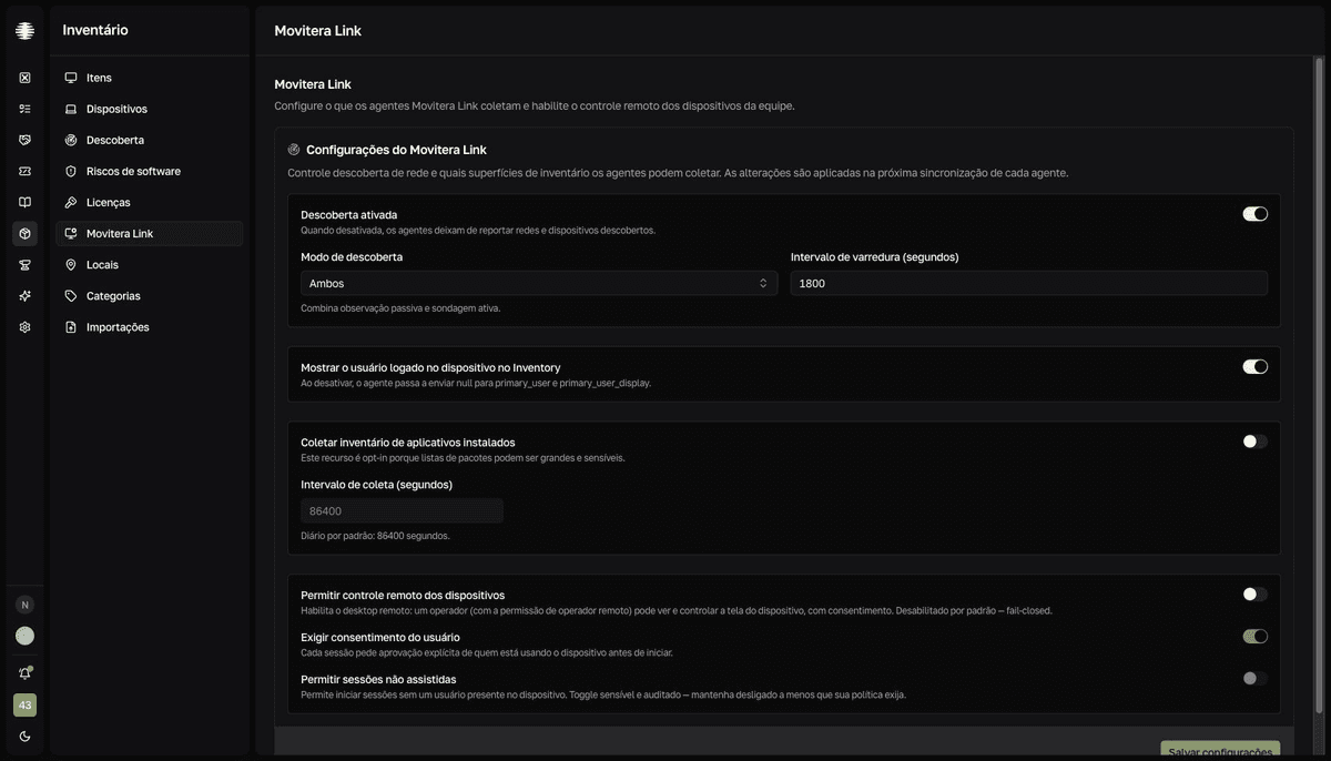 Página Movitera Link com configurações de descoberta, inventário de software e controle remoto.