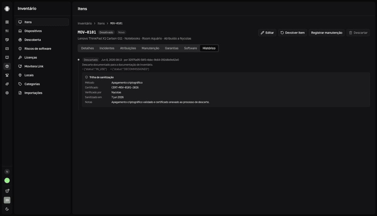 Aba Histórico de um item descartado no Inventory com card Trilha de sanitização mostrando método, certificado e verificador.