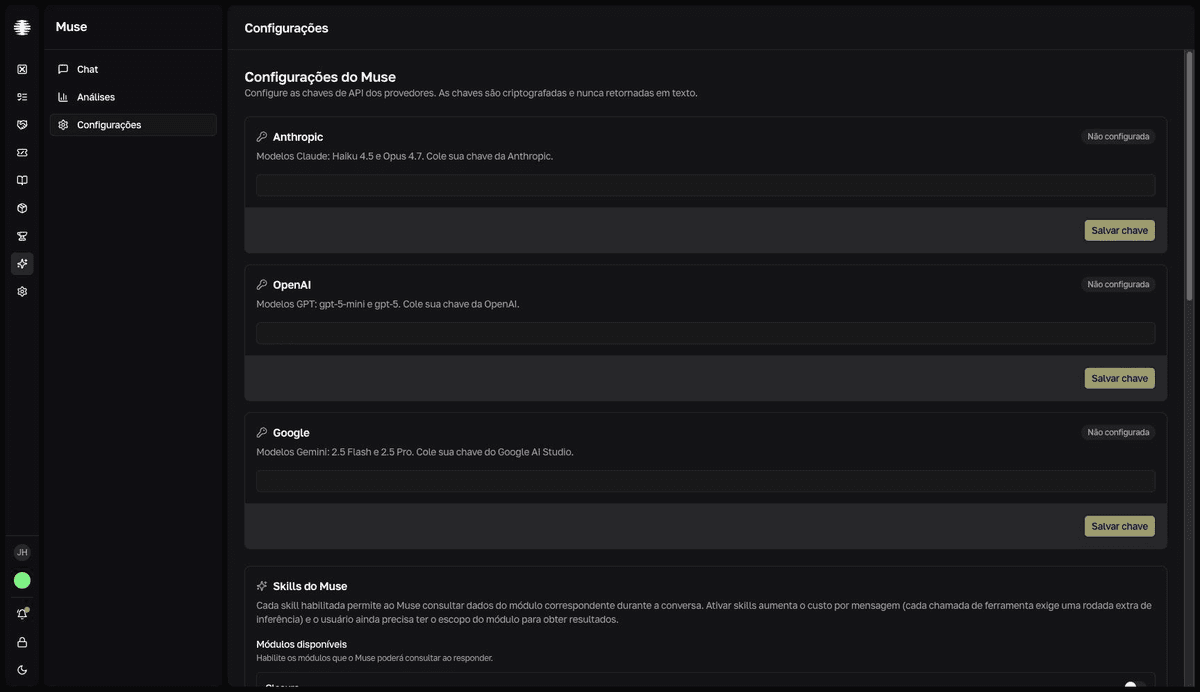 The Muse Settings screen with the Anthropic, OpenAI, and Google cards, each with the Não configurada (Not configured) badge and the Salvar chave (Save key) button.