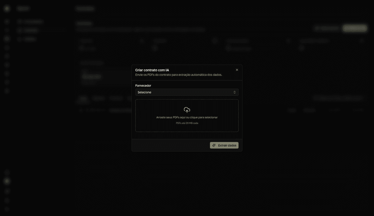 Diálogo Criar contrato com IA com seleção de fornecedor, upload de PDF e botão Extrair dados.