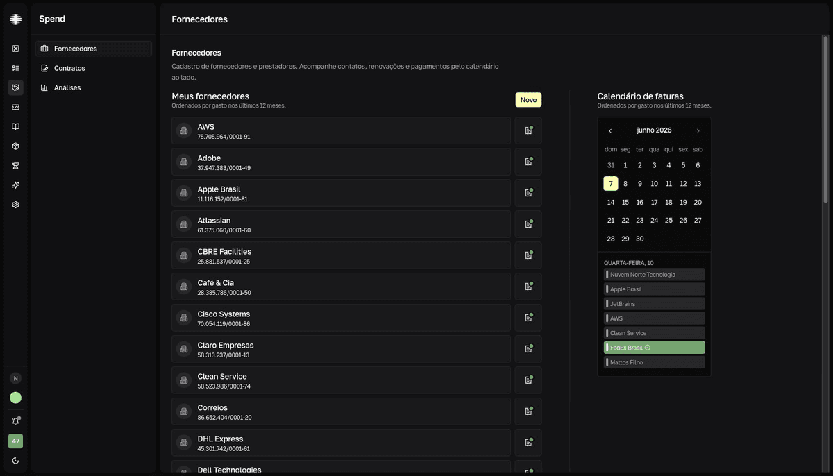 Calendário de faturas no SRM com fornecedores distribuídos por dia e status visual.