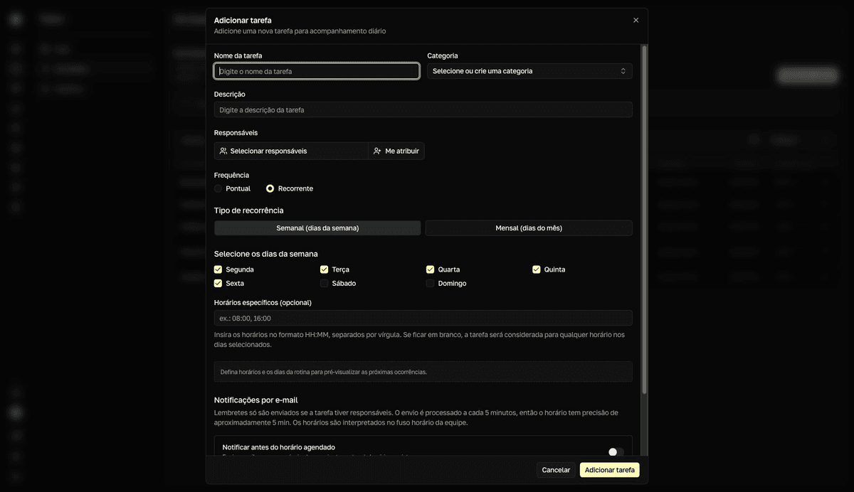 Diálogo Adicionar tarefa com os campos Nome da tarefa, Categoria, Descrição, Responsáveis, a frequência Pontual ou Recorrente, os dias, os horários e o painel Próximas 3 ocorrências.
