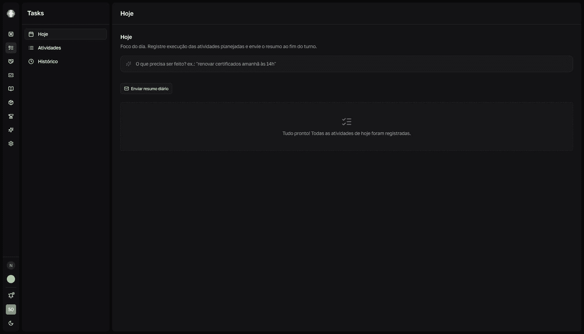 Página Hoje do Tasks com o botão Enviar resumo diário e o estado de atividades concluídas.