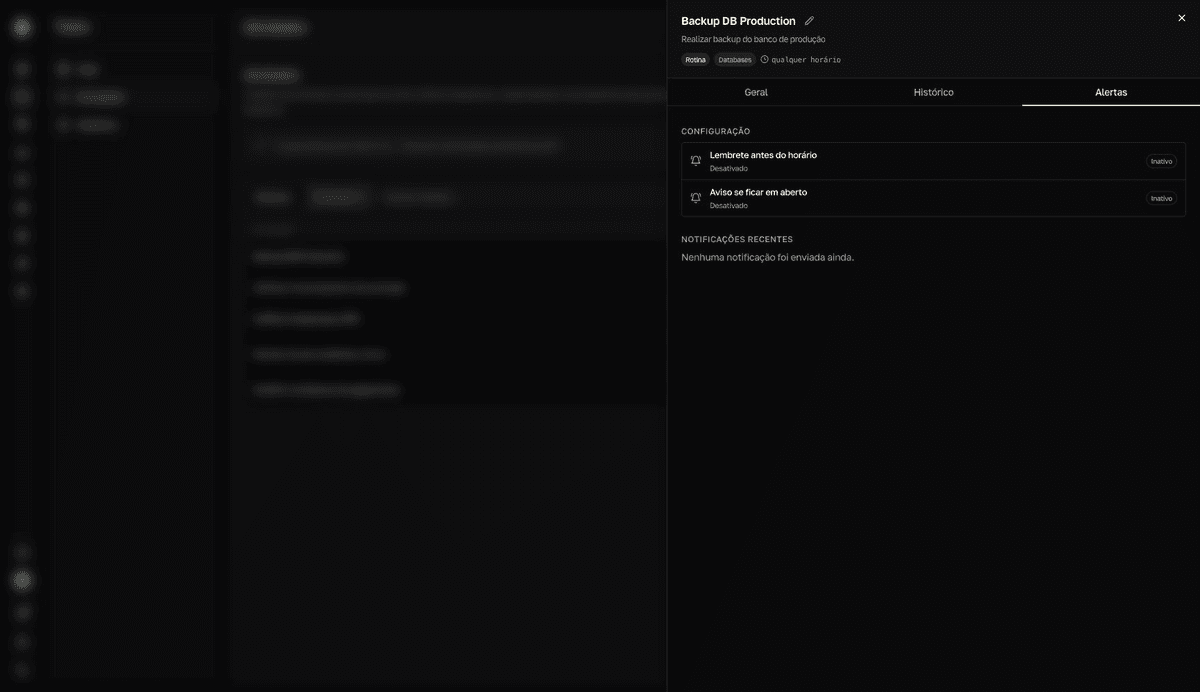 La pestaña Alertas del panel de detalles de una tarea, con la configuración de los recordatorios (Ativo o Inativo) y la lista de notificaciones recientes.
