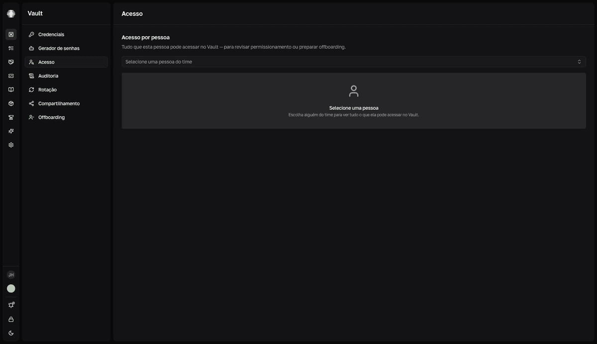 La pantalla Acesso por pessoa de Vault, con el selector Selecione uma pessoa do time y el estado vacío pidiendo la selección.