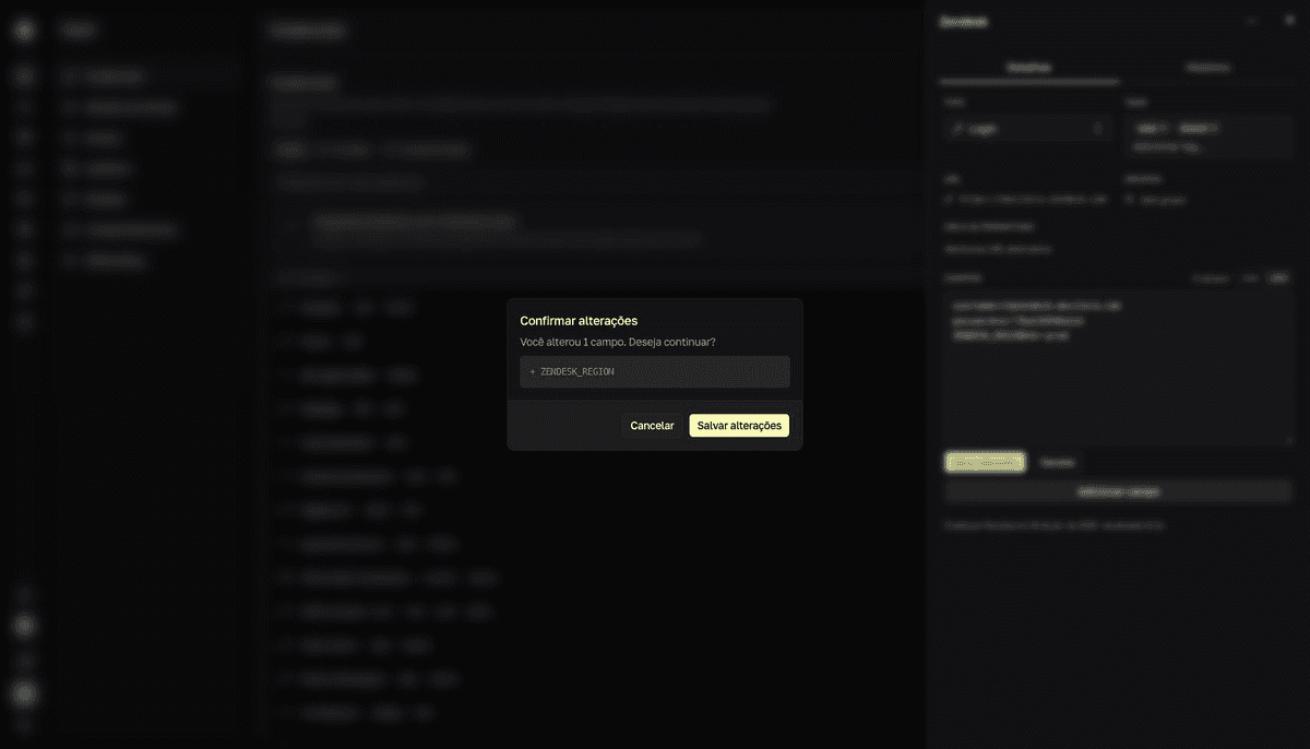 Dialog Confirmar alterações da edição em massa .env no Vault, mostrando linhas adicionadas, alteradas e removidas no diff.
