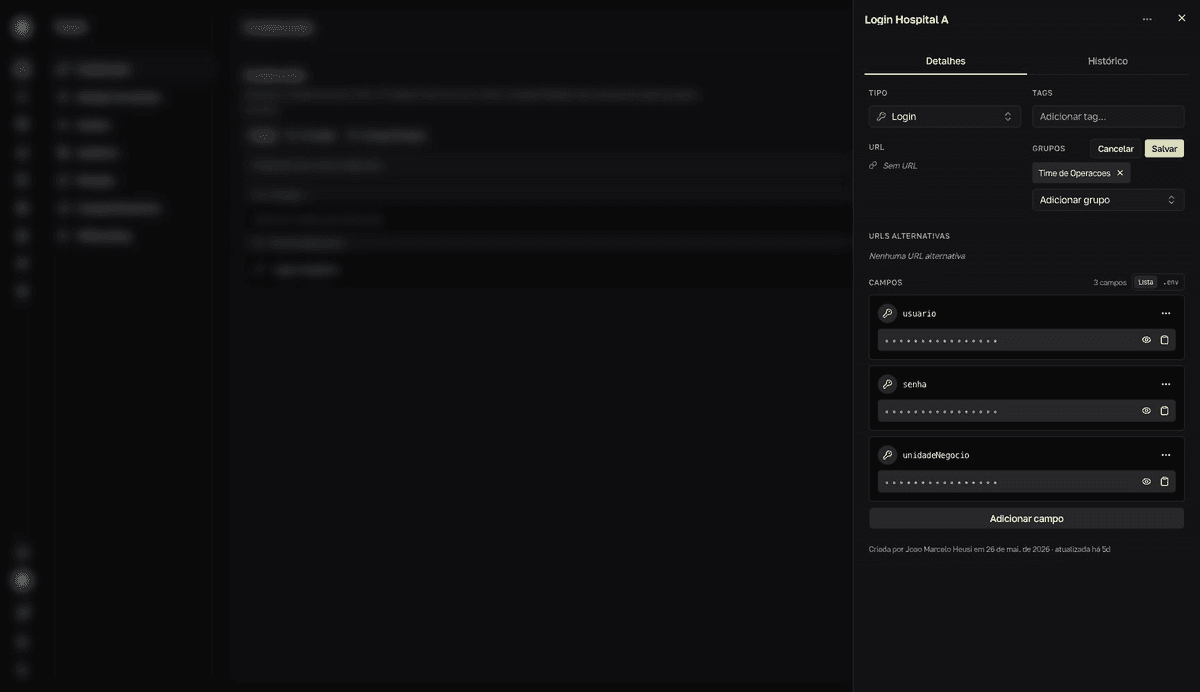 The credential panel with the Grupos section in edit mode, showing the selected group and the Cancelar and Salvar buttons.