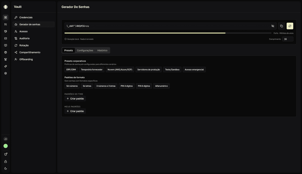 The Password generator screen with the generated password, the strength bar, the Geração local · Nada é enviado notice, and the Presets tab with corporate presets and format patterns.