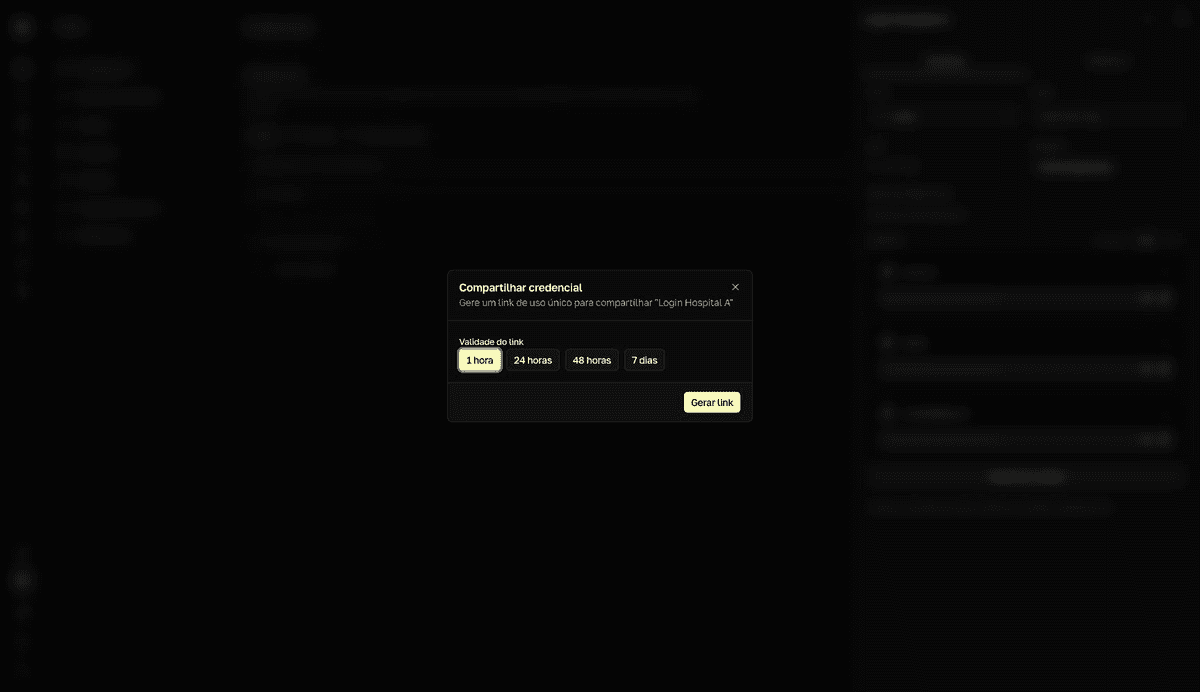 The Compartilhar credencial dialog with the Validade do link presets — 1 hora, 24 horas, 48 horas, and 7 dias — and the Gerar link button.