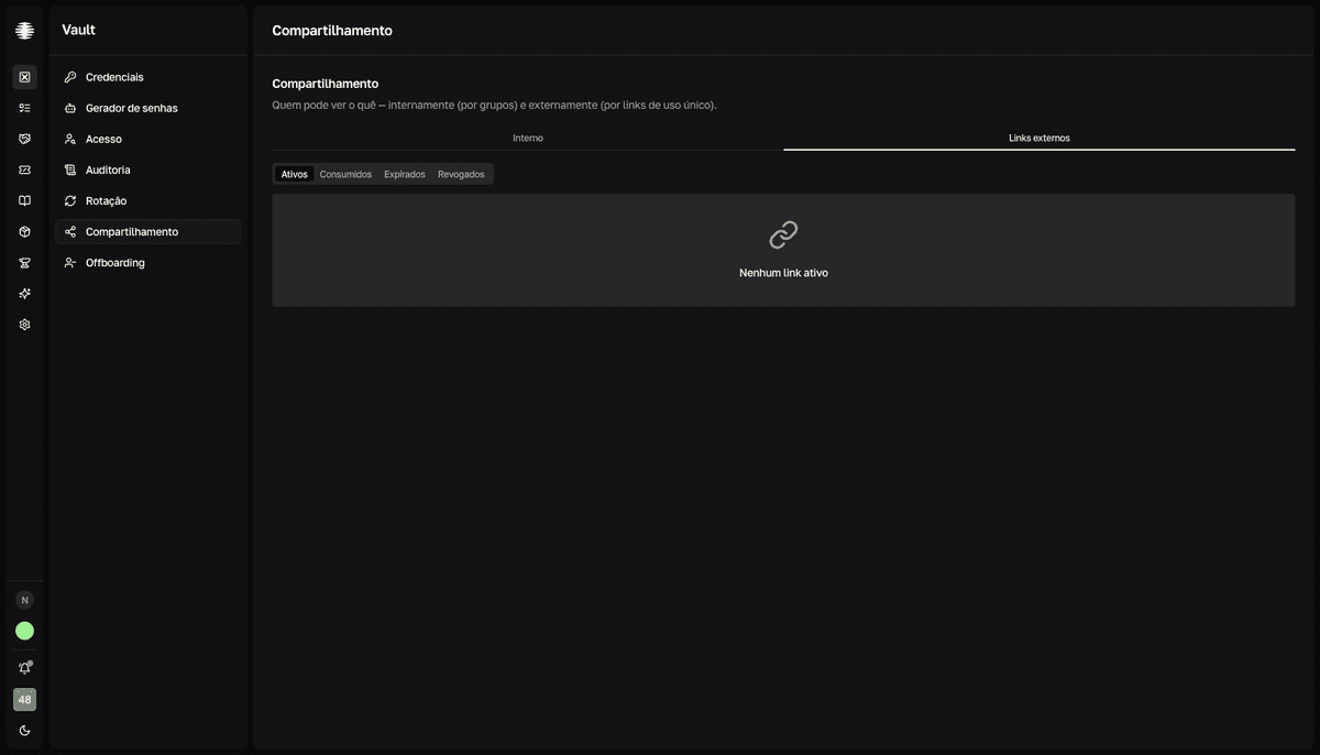 Aba Links externos do Vault com filtros de status Ativos, Consumidos, Expirados e Revogados.