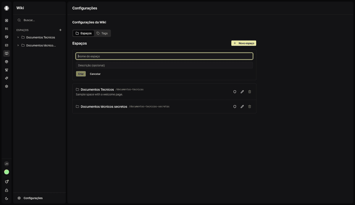 La pestaña Espaços de la configuración de la Wiki, con el formulario Nome do espaço y Descrição (opcional) abierto y la lista de espacios existentes debajo.