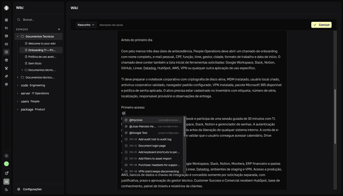 Editor da Wiki com o seletor de menções aberto depois de digitar arroba, listando pessoas, chamados, issues e páginas.