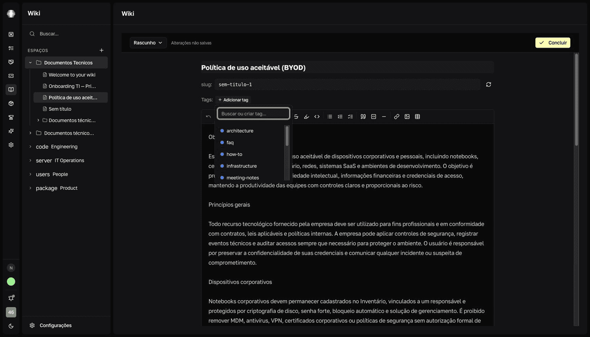 Editor da Wiki com a linha Tags aberta e popover Buscar ou criar tag.