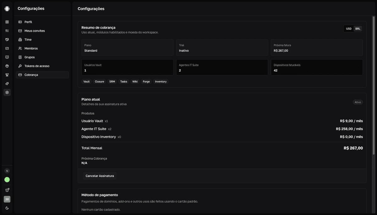 Resumo de cobrança com plano, status do trial, próxima fatura e métricas de assentos.