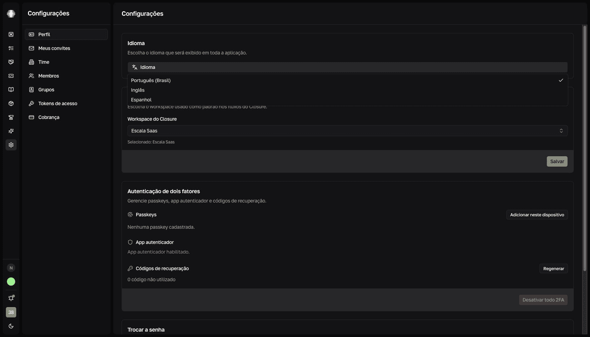 Página Perfil nas configurações com o seletor de idioma aberto.