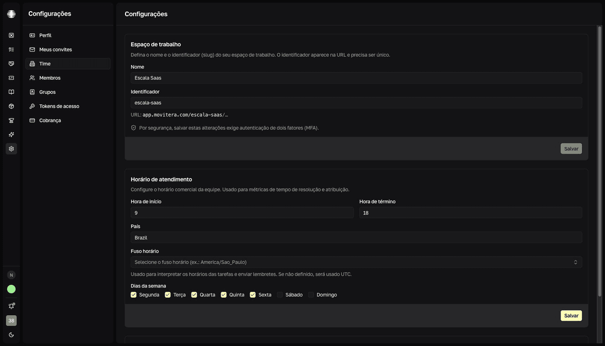 Card Espaço de trabalho com campos Nome e Identificador e prévia da URL do time.
