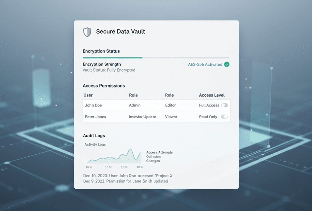Image showing a software showing level of encryption, access permissions and audit logs.
