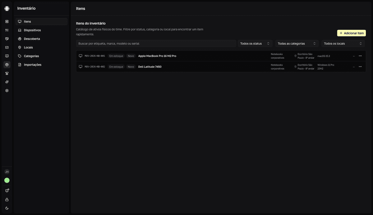Tela Itens do inventário com a lista de itens, a busca e os filtros por status, categoria e local.