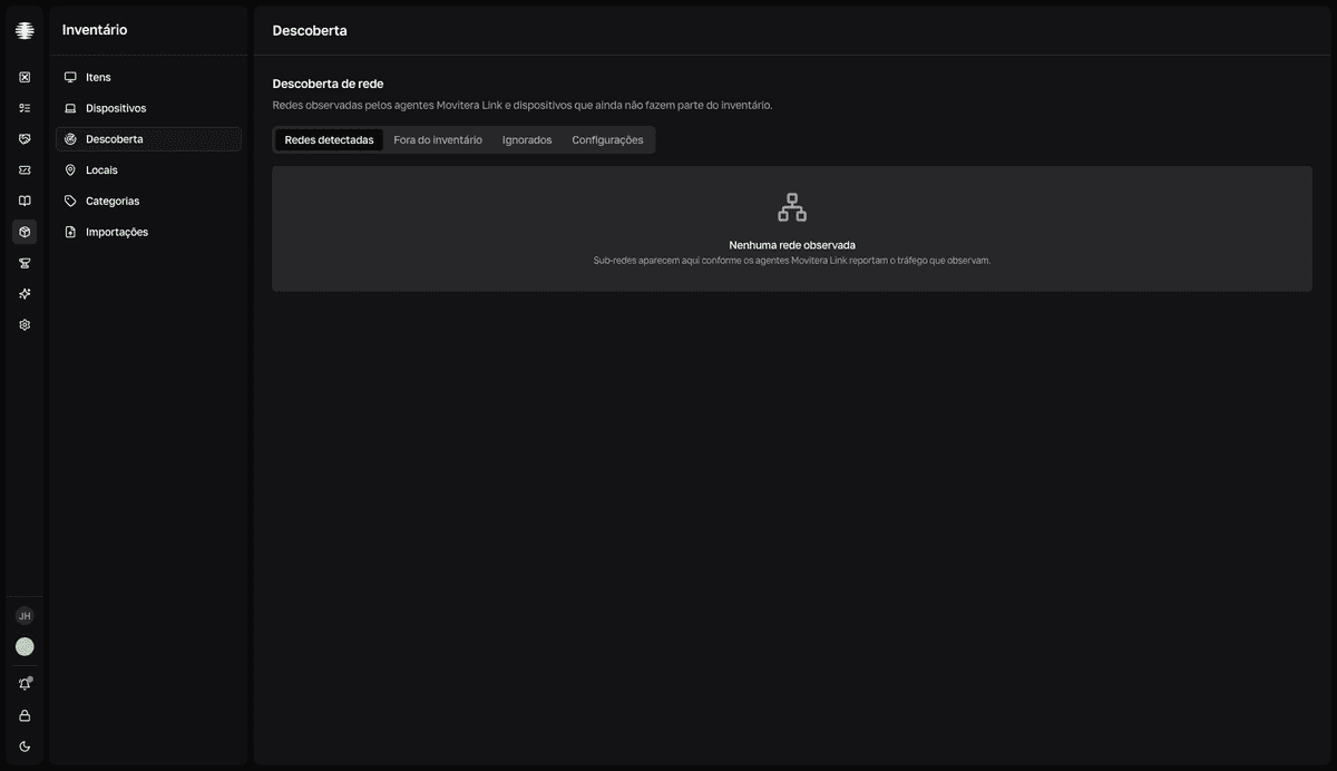 Pantalla Descoberta de rede con la lista de redes y dispositivos observados por los agentes Movitera Link.