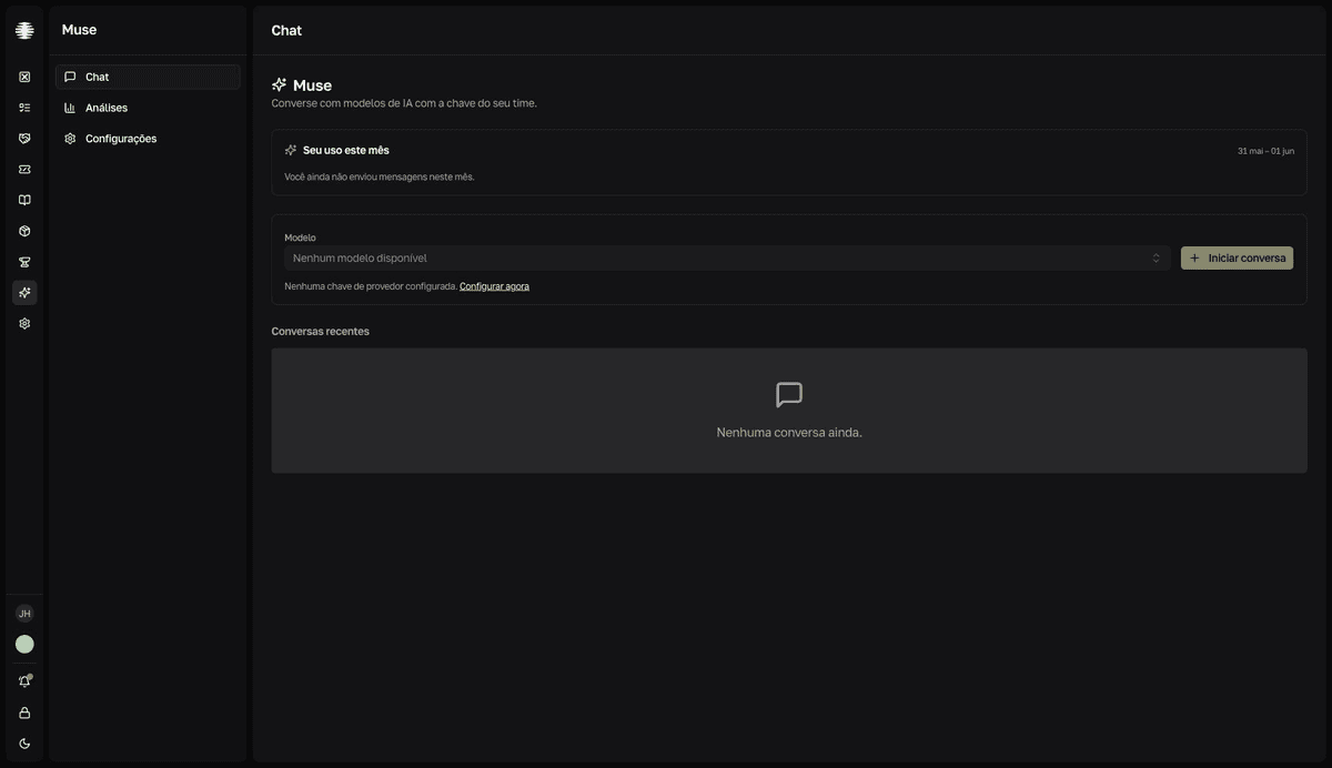 La pantalla Chat de Muse con el panel Seu uso este mês (Tu uso este mes), el selector de modelo y el botón Iniciar conversa (Iniciar conversación).