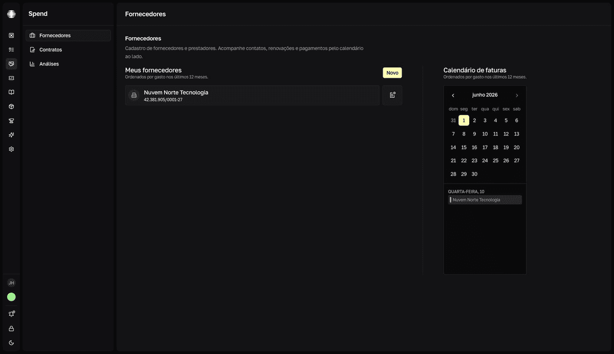 Tela Fornecedores do SRM com a lista de fornecedores e o Calendário de faturas ao lado.