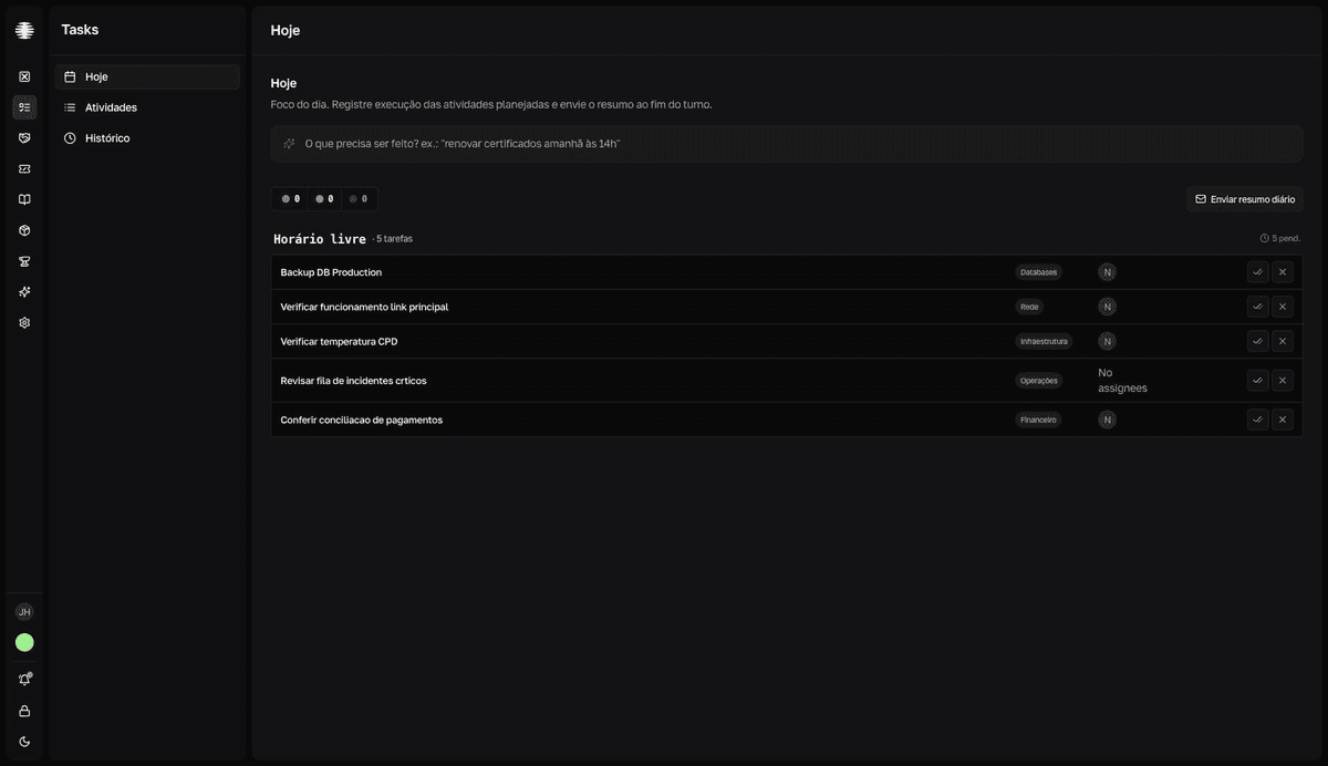 Tela Hoje do Tasks com a barra de status do dia, os grupos por horário e os botões para registrar OK ou NOK em cada tarefa.