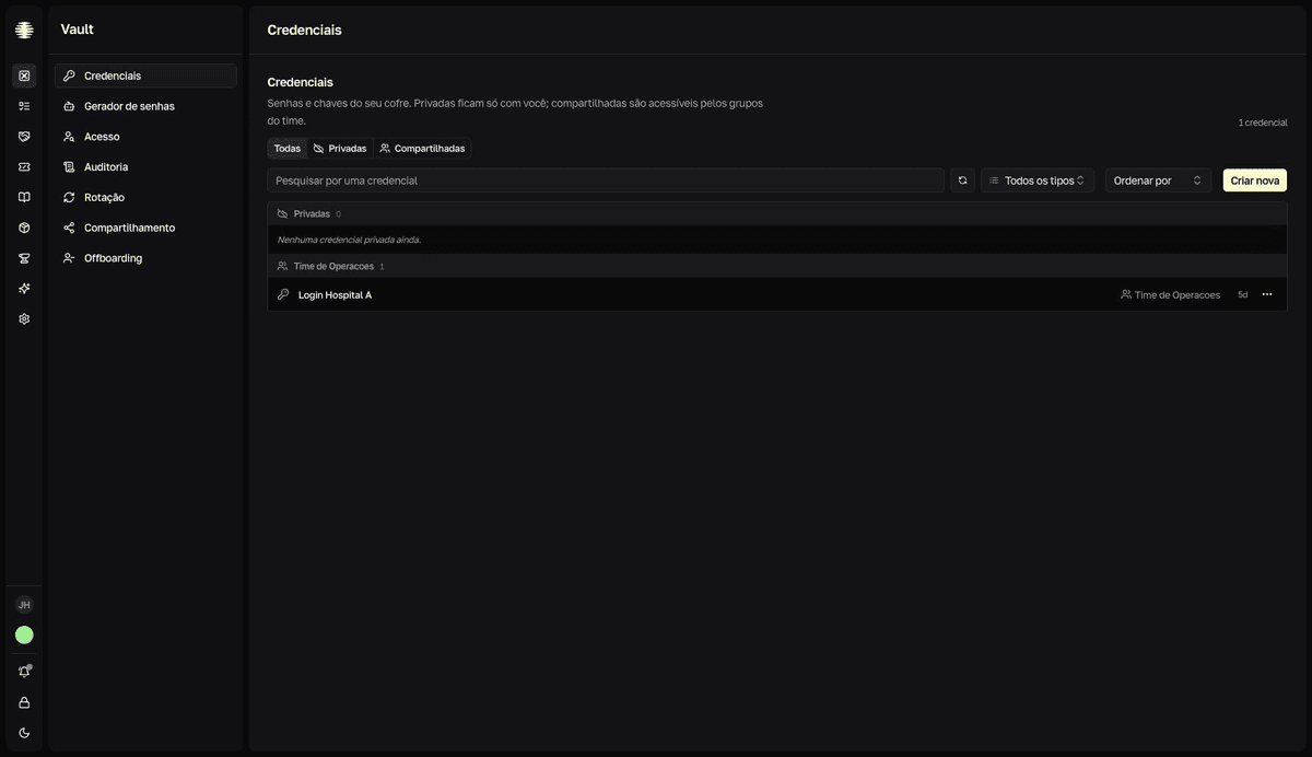 The Vault Credentials screen with the Todas, Privadas, and Compartilhadas filters, the search, the Criar nova button, and the list grouped into a Privadas section and per-group sections.