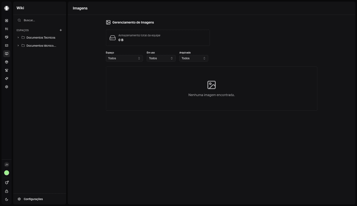 La pantalla Gerenciamento de Imagens con la tarjeta Armazenamento total da equipe, los filtros Espaço, Em uso y Arquivado y el área de la tabla de archivos.