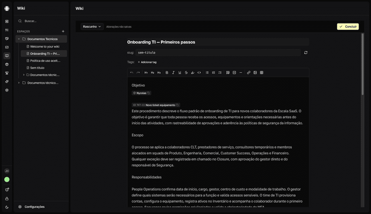 El editor de página de la Wiki con el selector de estado, el indicador de guardado, el botón Concluir, el campo de título, la fila de tags y la barra de formato.