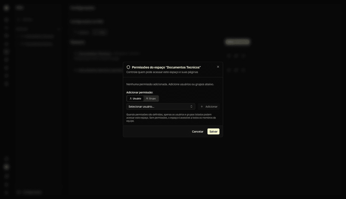 El diálogo Permissões de un espacio, con las pestañas Usuário y Grupo, el selector de persona y los botones Adicionar, Cancelar y Salvar.